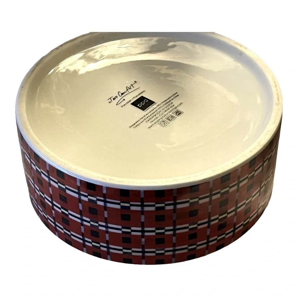 DESIGNER Christmas porcelain dog bowl plaid outside, dogs in scarves inside.